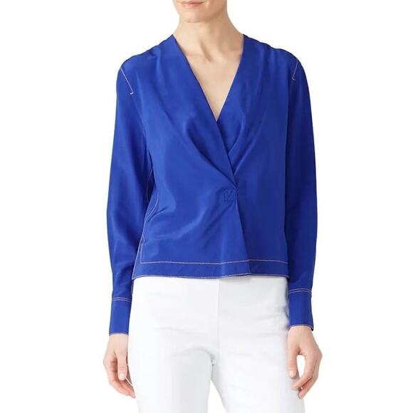 Rag & Bone Shields Top Silk Long Sleeve V-Neck Blouse Electric Blue Small - Picture 2 of 12